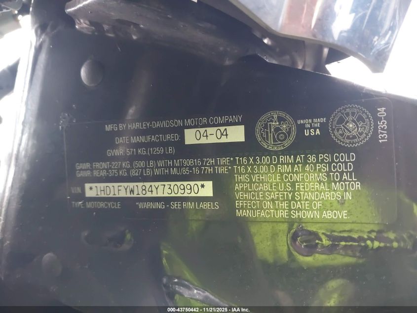 2004 Harley-Davidson Flhrsi VIN: 1HD1FYW184Y730990 Lot: 43750442