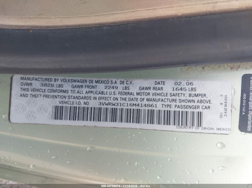 2006 Volkswagen New Beetle 2.5 VIN: 3VWRW31C16M414861 Lot: 43750474