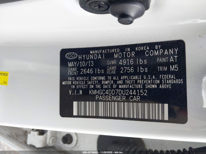 2013 Hyundai Genesis 3.8 VIN: KMHGC4DD7DU244152 Lot: 43750491
