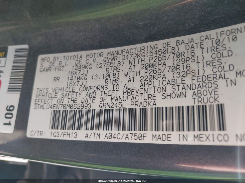 2011 Toyota Tacoma Base V6 VIN: 3TMLU4EN7BM062993 Lot: 43750493