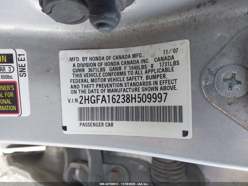 2HGFA16238H509997 2008 HONDA CIVIC photo no. 9