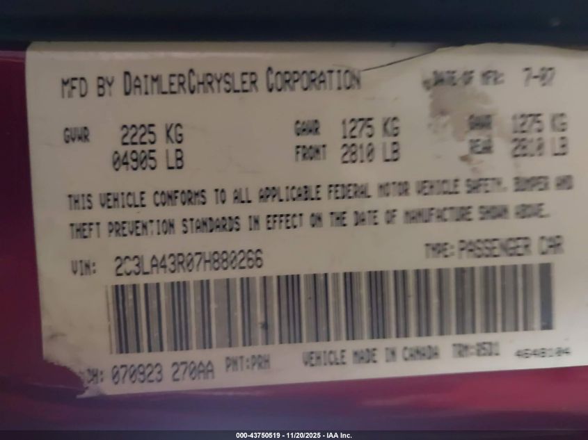 2007 Chrysler 300 VIN: 2C3LA43R07H880266 Lot: 43750519