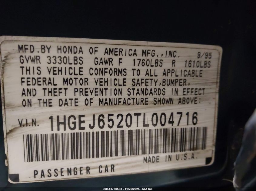 1996 Honda Civic Dx VIN: 1HGEJ6520TL004716 Lot: 43750533