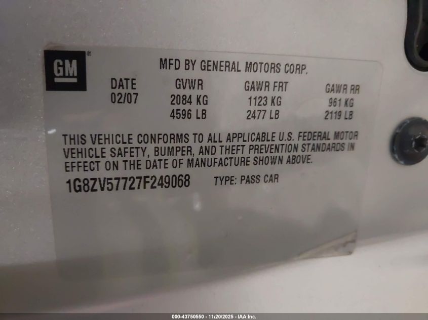 2007 Saturn Aura Xr VIN: 1G8ZV57727F249068 Lot: 43750550