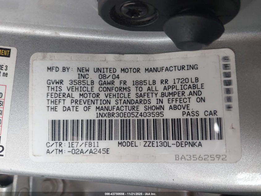 2005 Toyota Corolla Le VIN: 1NXBR30E05Z403595 Lot: 43750556