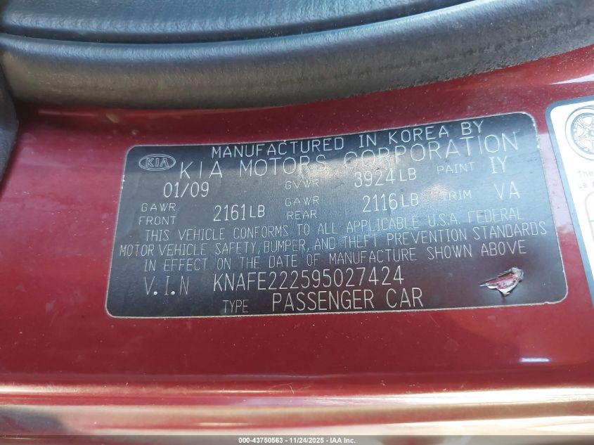 2009 Kia Spectra Sx VIN: KNAFE222595027424 Lot: 43750563