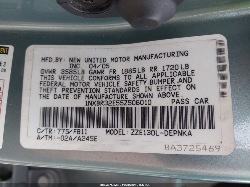 2005 Toyota Corolla Le VIN: 1NXBR32E55Z506010 Lot: 43750566