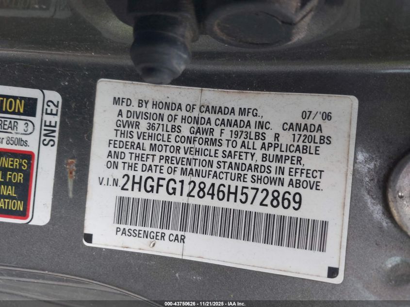 2006 Honda Civic Ex VIN: 2HGFG12846H572869 Lot: 43750626