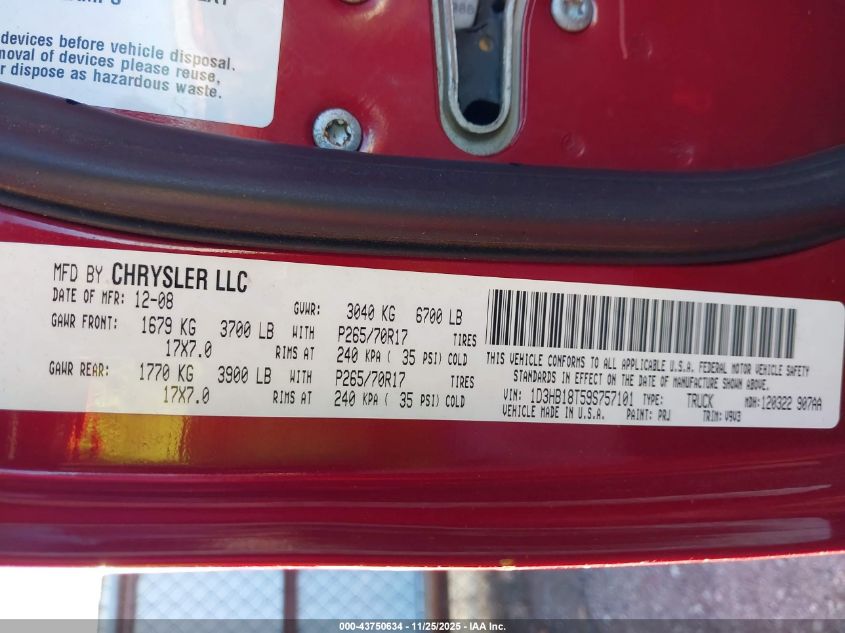 2009 Dodge Ram 1500 Slt/Sport/Trx VIN: 1D3HB18T59S757101 Lot: 43750634