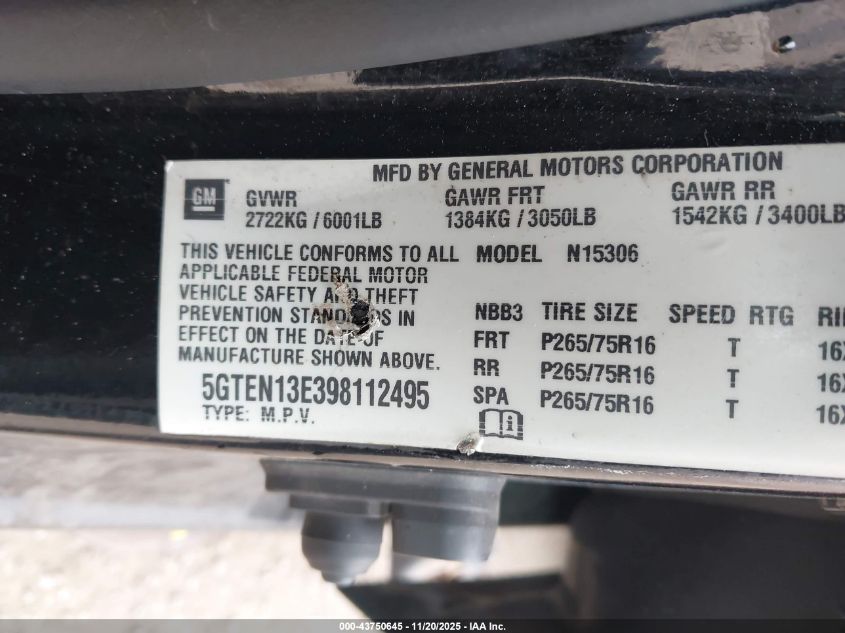 2009 Hummer H3 Suv VIN: 5GTEN13E398112495 Lot: 43750645