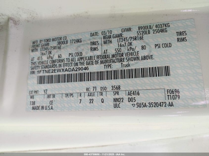 2010 Ford E-250 Commercial/Recreational VIN: 1FTNE2EWXADA29046 Lot: 43750658