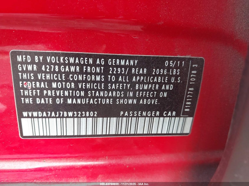 2011 Volkswagen Golf 2.5L 4-Door VIN: WVWDA7AJ7BW323802 Lot: 43750659