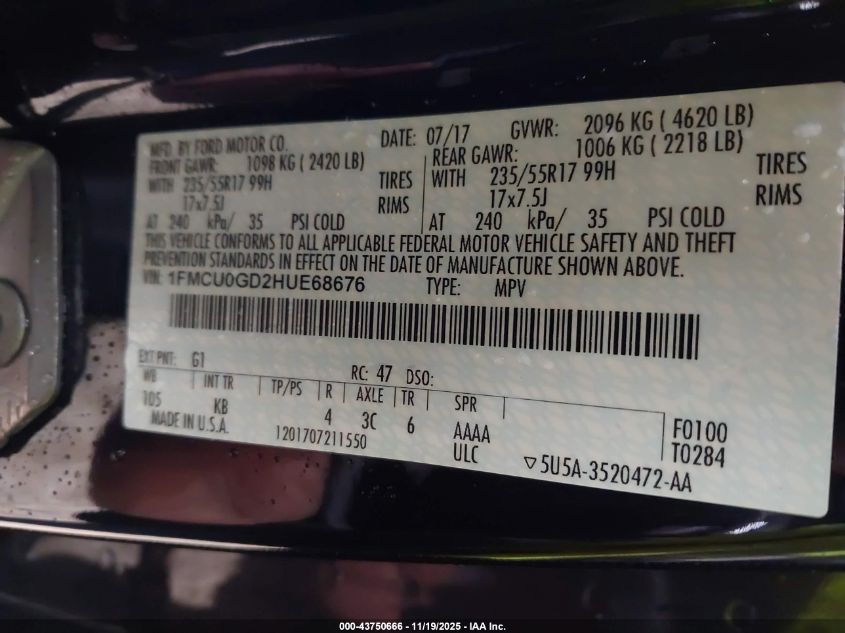 2017 Ford Escape Se VIN: 1FMCU0GD2HUE68676 Lot: 43750666