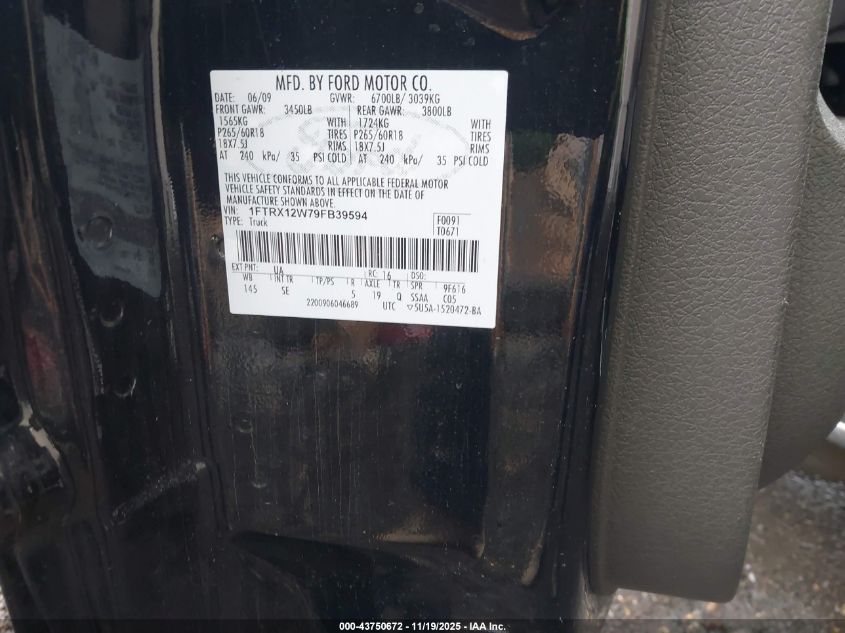 2009 Ford F-150 Stx/Xl VIN: 1FTRX12W79FB39594 Lot: 43750672
