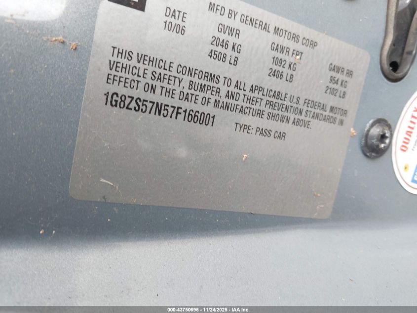 2007 Saturn Aura Xe VIN: 1G8ZS57N57F166001 Lot: 43750696