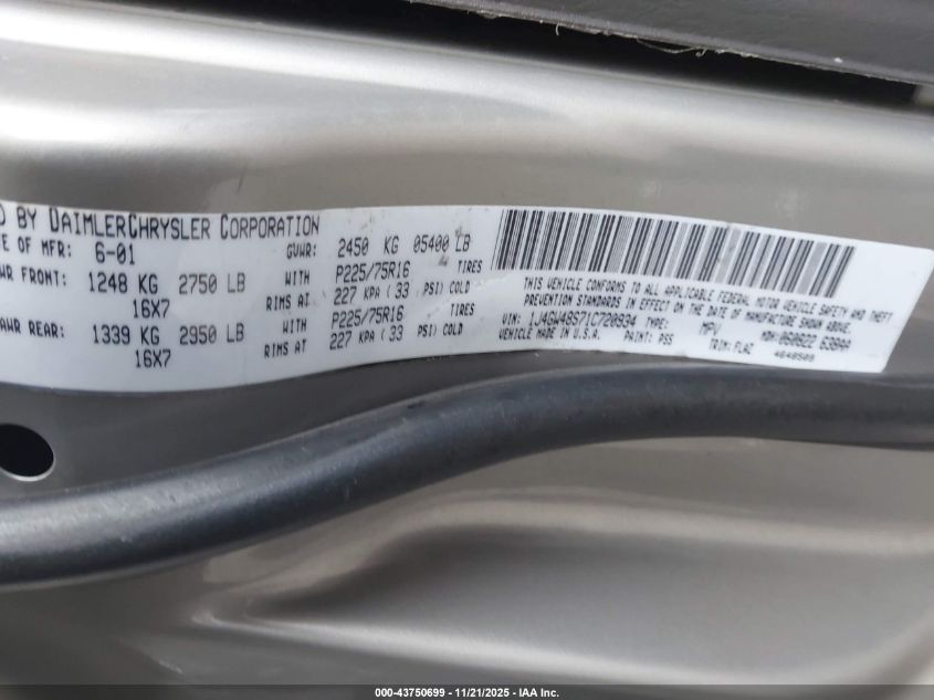 2001 Jeep Grand Cherokee Laredo VIN: 1J4GW48S71C720934 Lot: 43750699