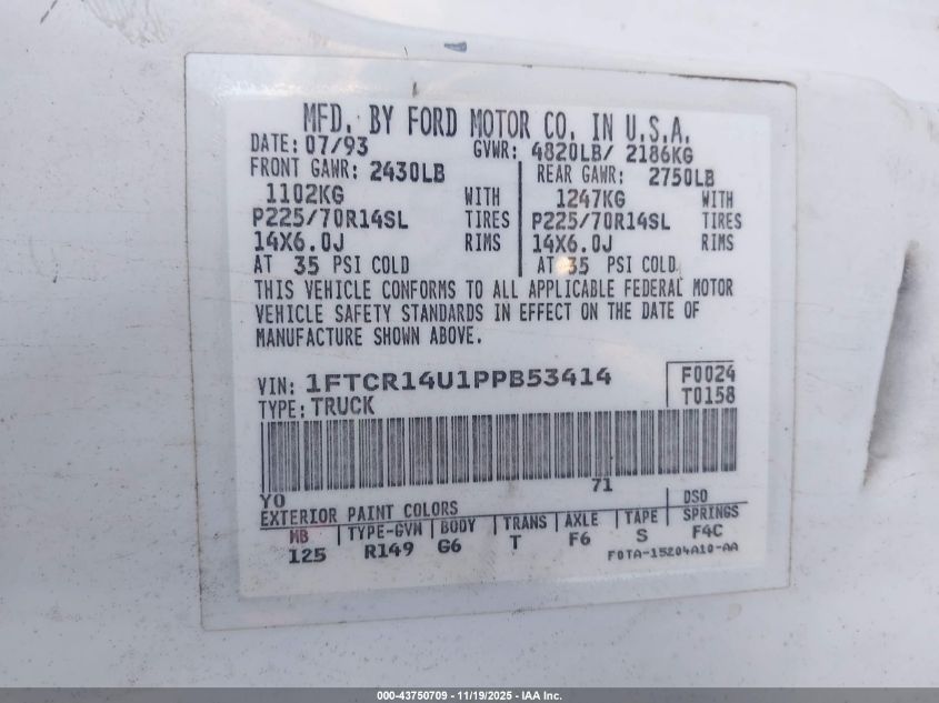 1993 Ford Ranger Super Cab VIN: 1FTCR14U1PPB53414 Lot: 43750709
