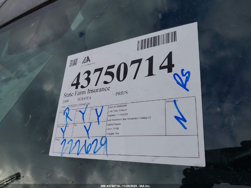 2009 Toyota Prius VIN: JTDKB20U093485236 Lot: 43750714