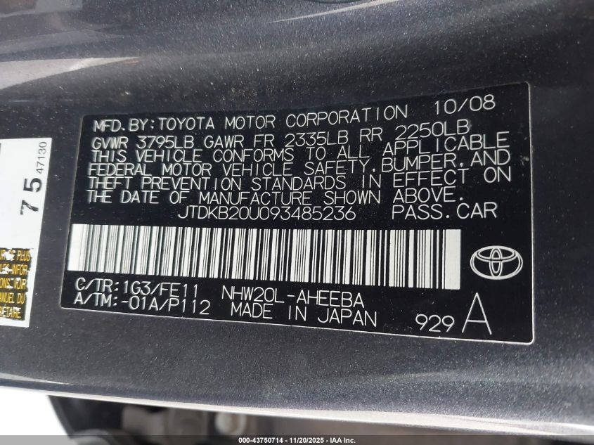 2009 Toyota Prius VIN: JTDKB20U093485236 Lot: 43750714