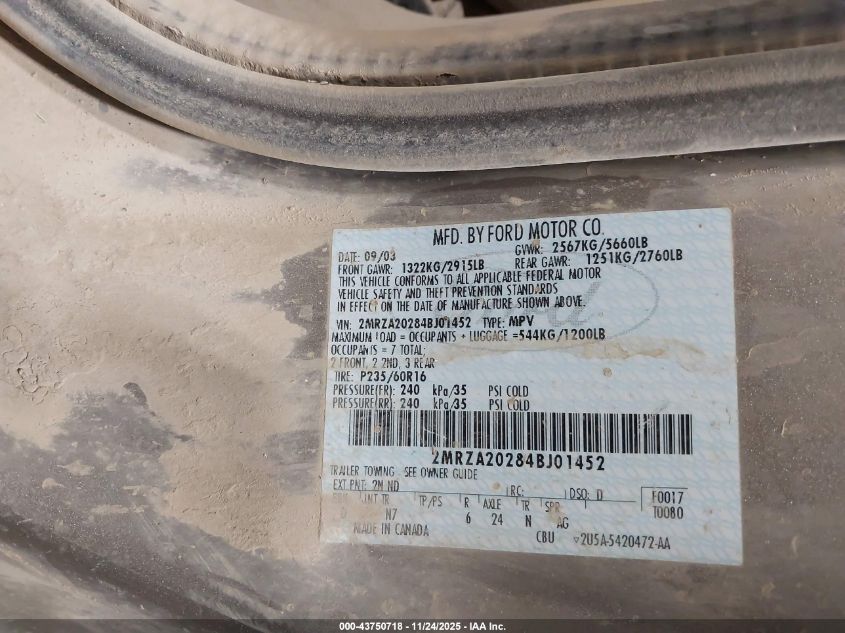 2004 Mercury Monterey VIN: 2MRZA20284BJ01452 Lot: 43750718