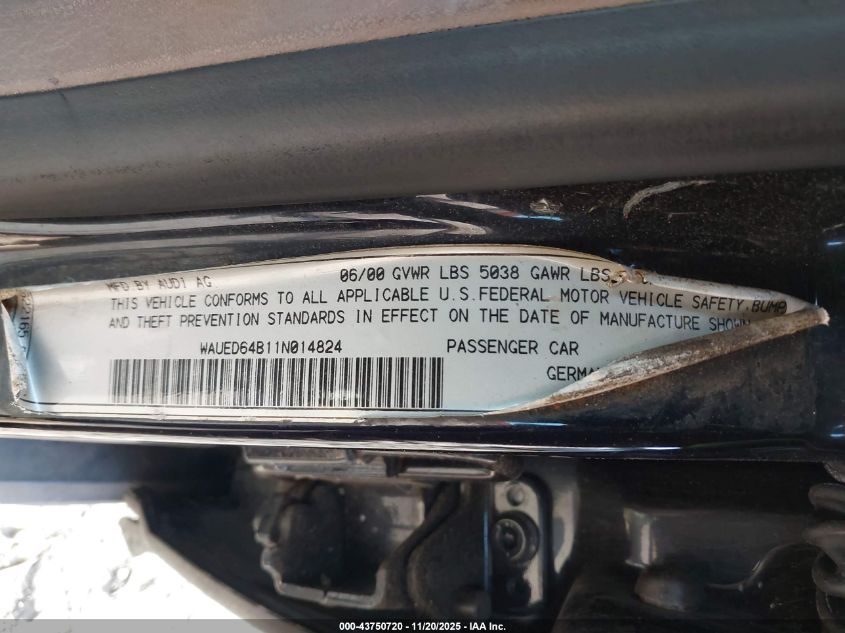 2001 Audi A6 2.7T VIN: WAUED64B11N014824 Lot: 43750720