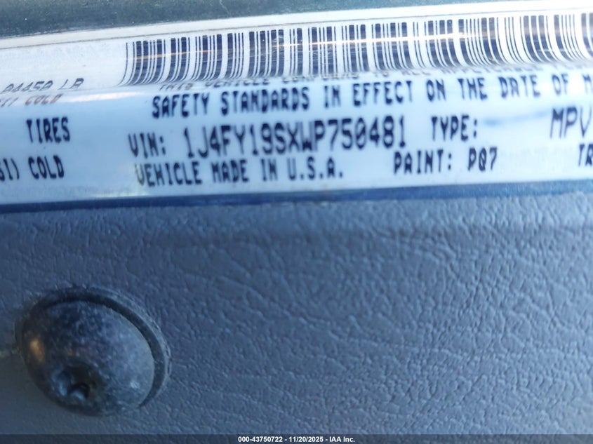 1998 Jeep Wrangler Sport VIN: 1J4FY19SXWP750481 Lot: 43750722