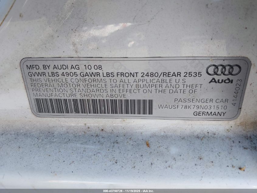 2009 Audi A4 2.0T Premium VIN: WAUSF78K79N031510 Lot: 43750726