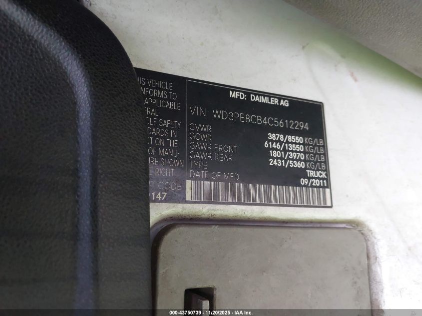 2012 Mercedes-Benz Sprinter 2500 High Roof VIN: WD3PE8CB4C5612294 Lot: 43750739