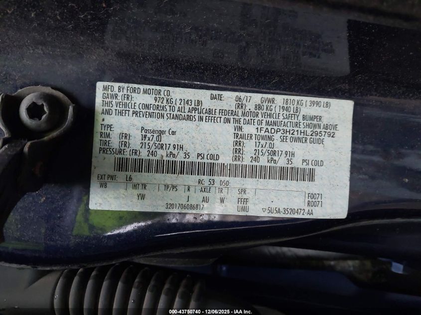 2017 Ford Focus Sel VIN: 1FADP3H21HL295792 Lot: 43750740