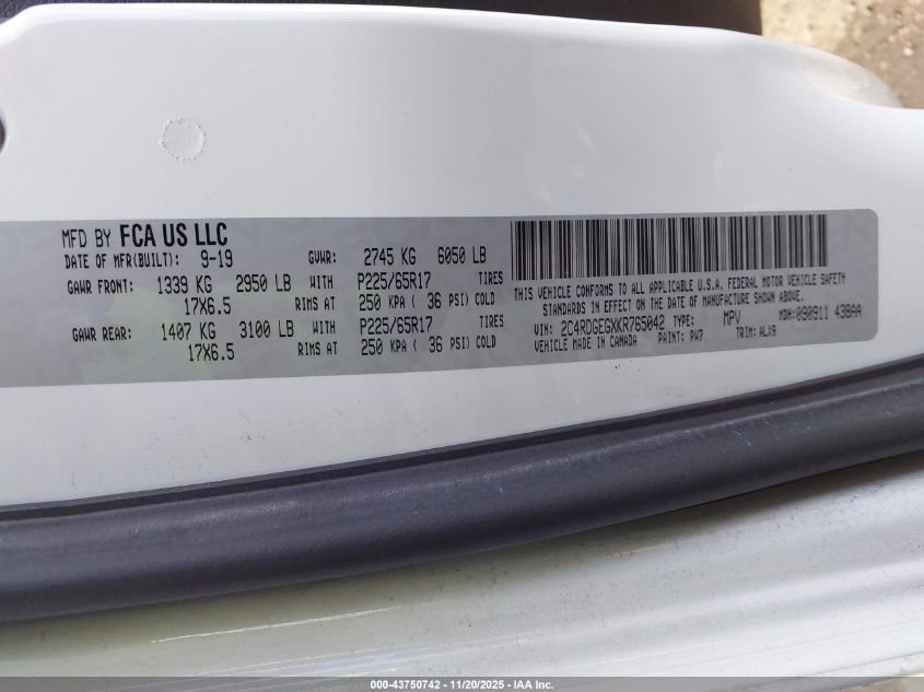 2019 Dodge Grand Caravan Gt VIN: 2C4RDGEGXKR765042 Lot: 43750742