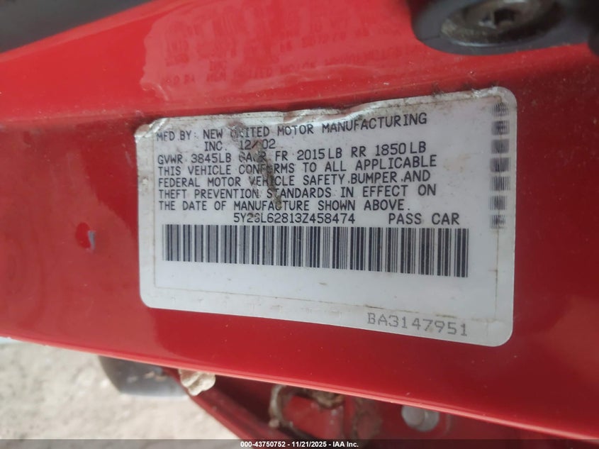 2003 Pontiac Vibe VIN: 5Y2SL62813Z458474 Lot: 43750752