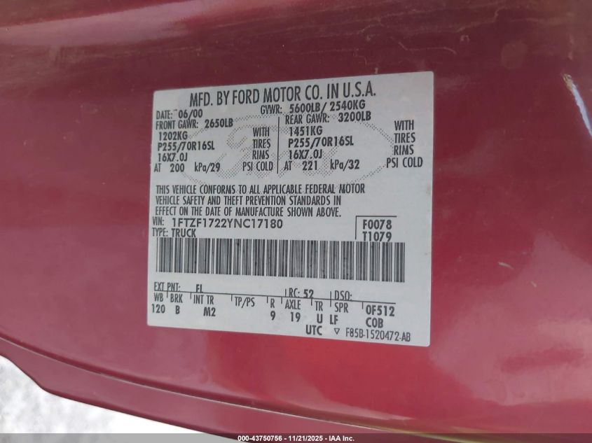 2000 Ford F-150 Work Series/Xl/Xlt VIN: 1FTZF1722YNC17180 Lot: 43750756