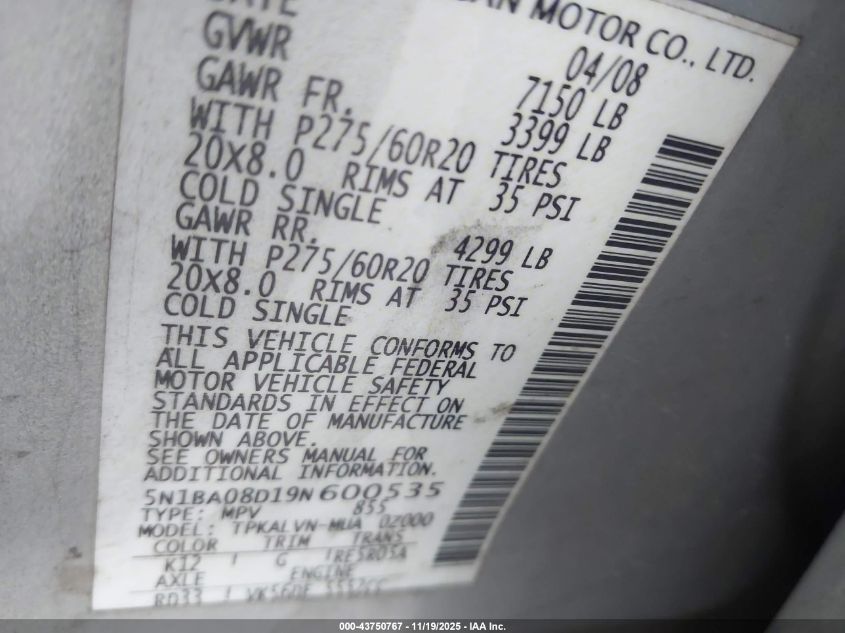 2009 Nissan Armada Le VIN: 5N1BA08D19N600535 Lot: 43750767