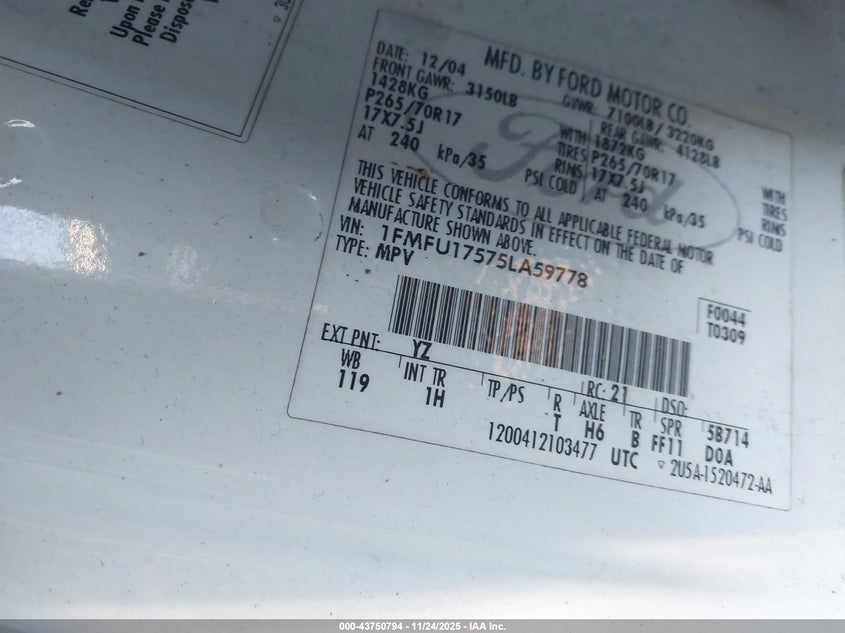 2005 Ford Expedition Eddie Bauer/King Ranch VIN: 1FMFU17575LA59778 Lot: 43750794