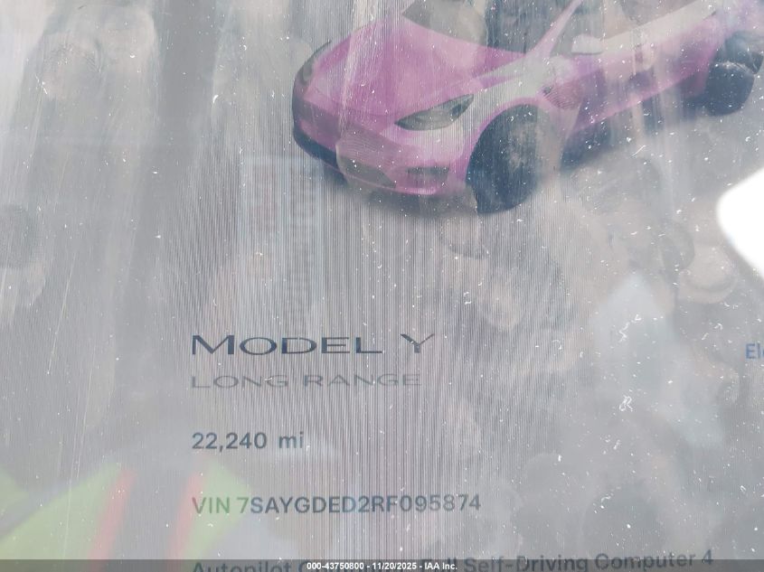 2024 Tesla Model Y Long Range Dual Motor All-Wheel Drive/Rwd VIN: 7SAYGDED2RF095874 Lot: 43750800