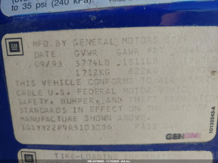 1994 Chevrolet Corvette VIN: 1G1YY22P9R5103086 Lot: 43750850