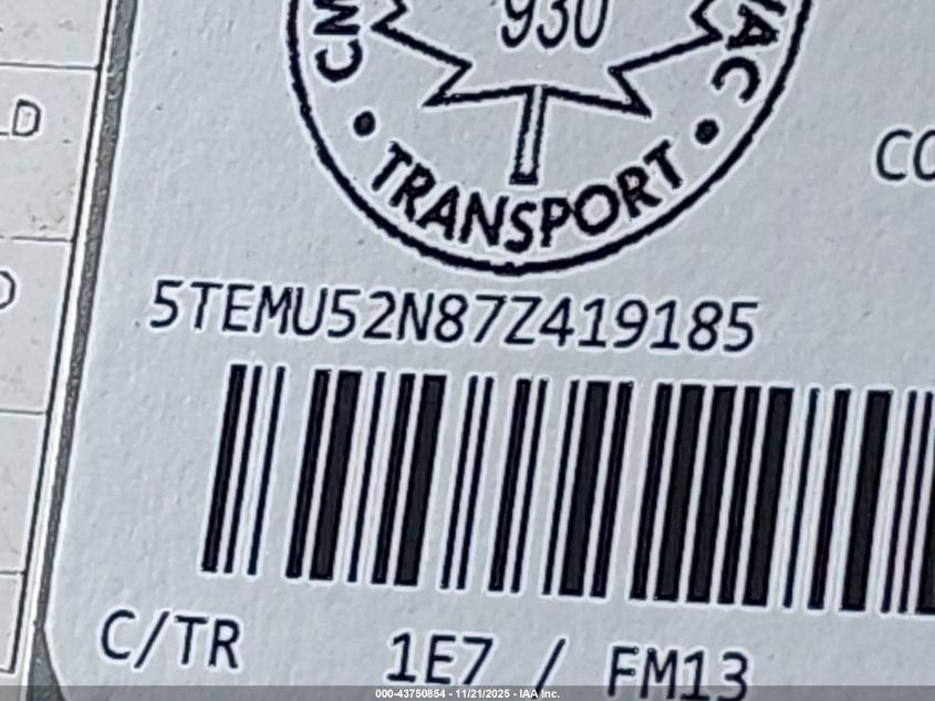 2007 Toyota Tacoma Base V6 VIN: 5TEMU52N87Z419185 Lot: 43750854