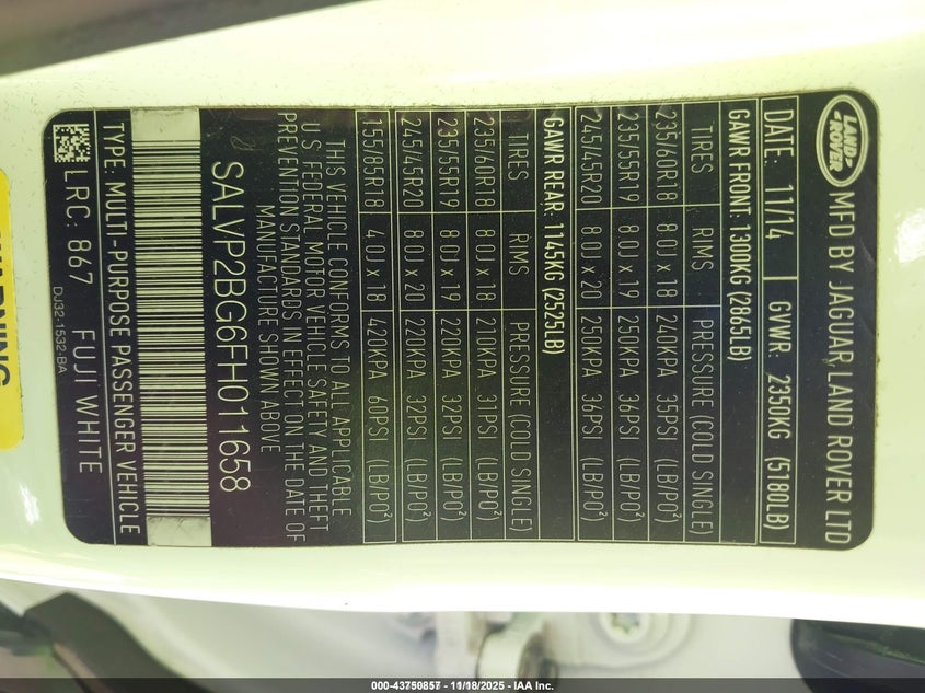 2015 Land Rover Range Rover Evoque Pure VIN: SALVP2BG6FH011658 Lot: 43750857