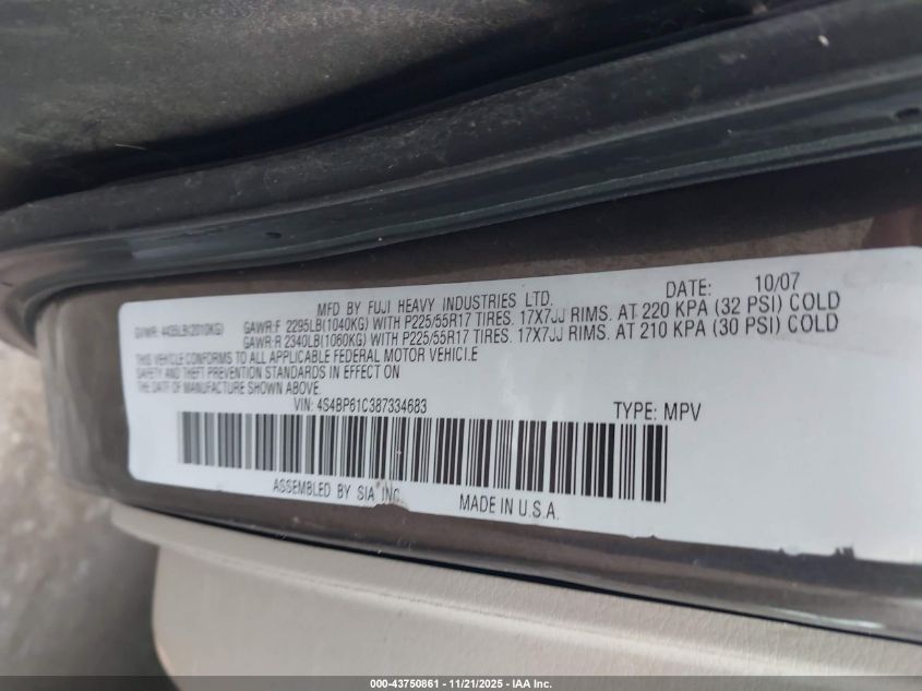 2008 Subaru Outback 2.5I/2.5I L.l. Bean Edition VIN: 4S4BP61C387334683 Lot: 43750861