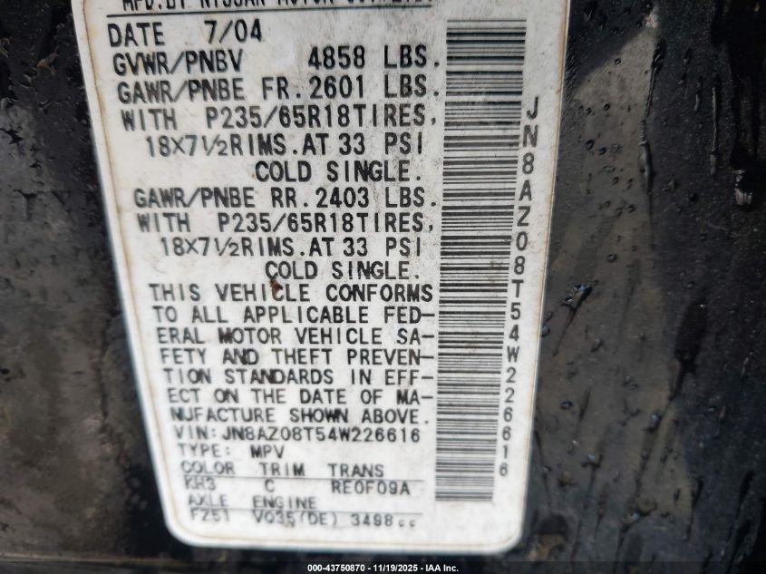 2004 Nissan Murano Se VIN: JN8AZ08T54W226616 Lot: 43750870