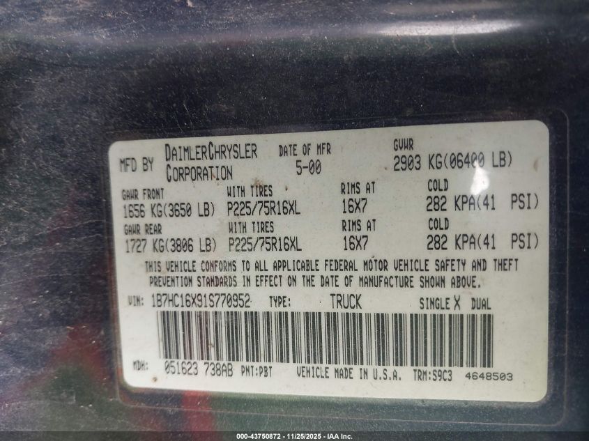 2001 Dodge Ram 1500 St/Ws VIN: 1B7HC16X91S770952 Lot: 43750872