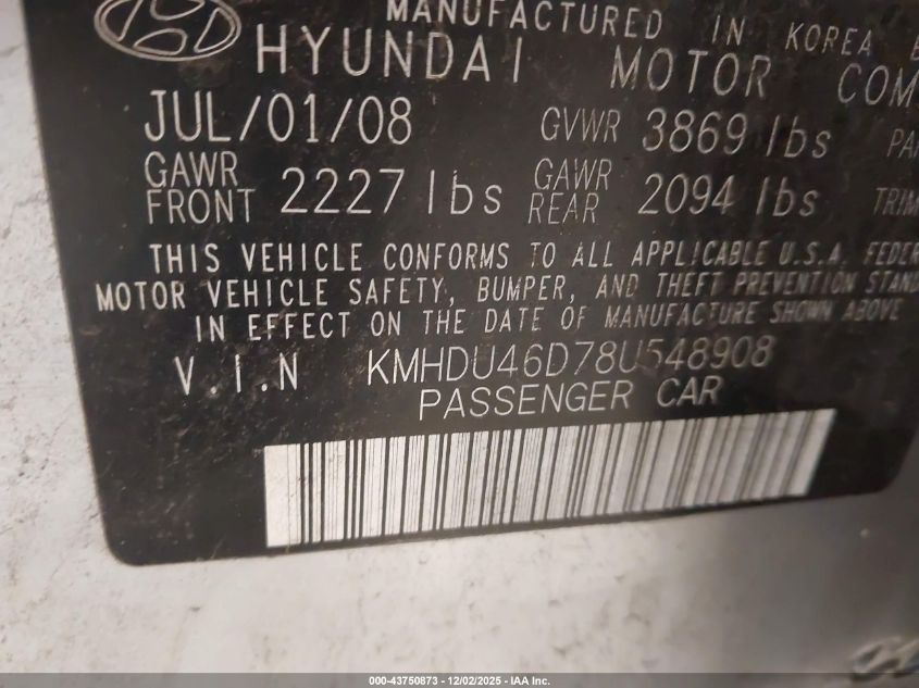 2008 Hyundai Elantra Gls/Se VIN: KMHDU46D78U548908 Lot: 43750873