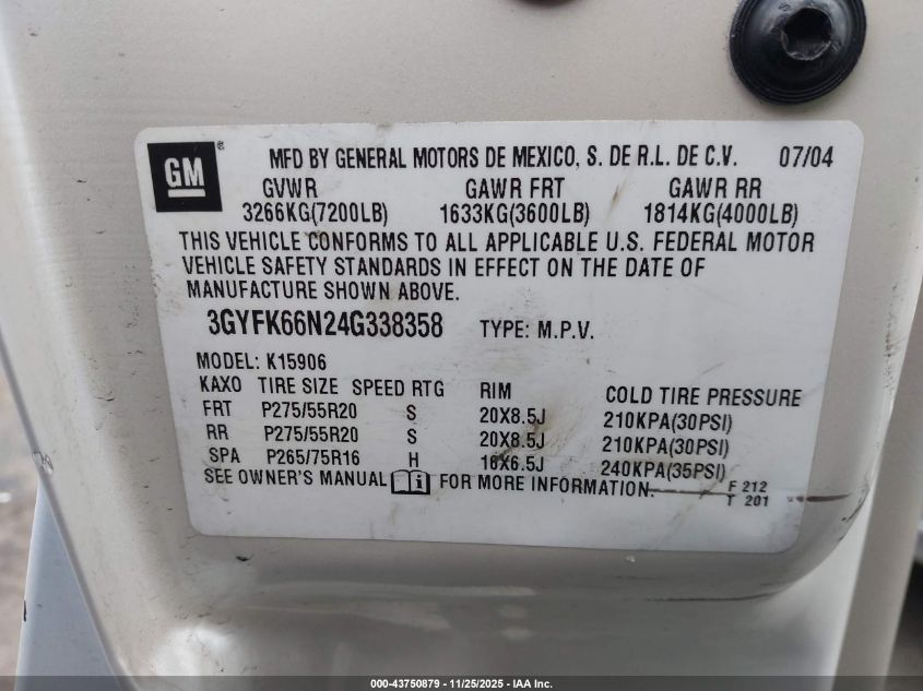 2004 Cadillac Escalade Esv Platinum Edition VIN: 3GYFK66N24G338358 Lot: 43750879