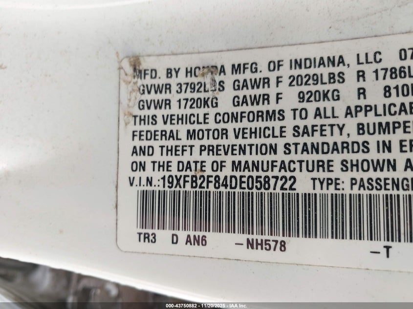 19XFB2F84DE058722 2013 HONDA CIVIC photo no. 9