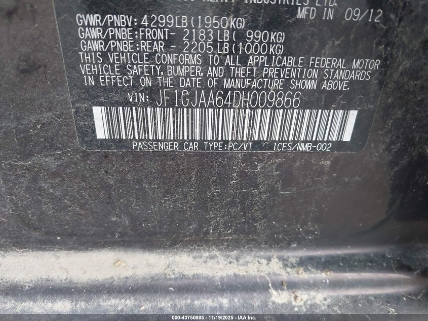 2013 Subaru Impreza 2.0I VIN: JF1GJAA64DH009866 Lot: 43750885