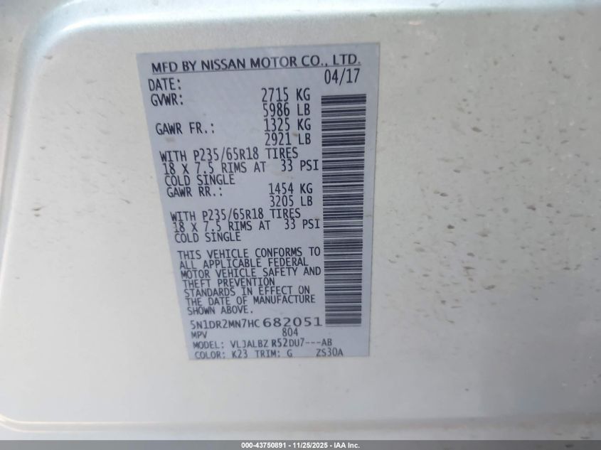 2017 Nissan Pathfinder S VIN: 5N1DR2MN7HC682051 Lot: 43750891