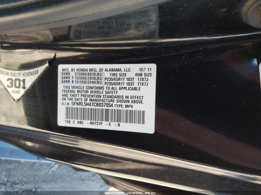 5FNRL5H47CB037054 2012 HONDA ODYSSEY photo no. 9