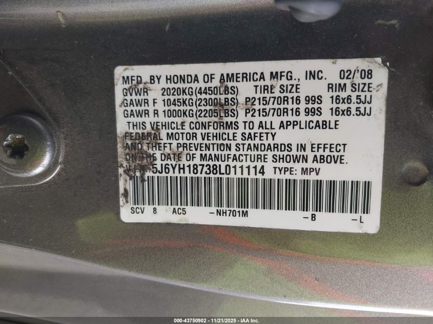 2008 Honda Element Ex VIN: 5J6YH18738L011114 Lot: 43750902