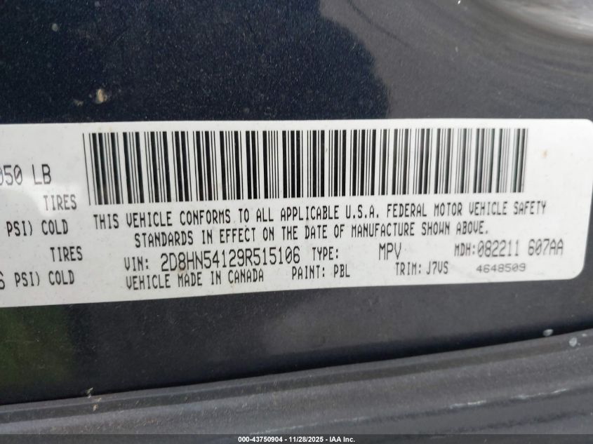 2009 Dodge Grand Caravan Sxt VIN: 2D8HN54129R515106 Lot: 43750904