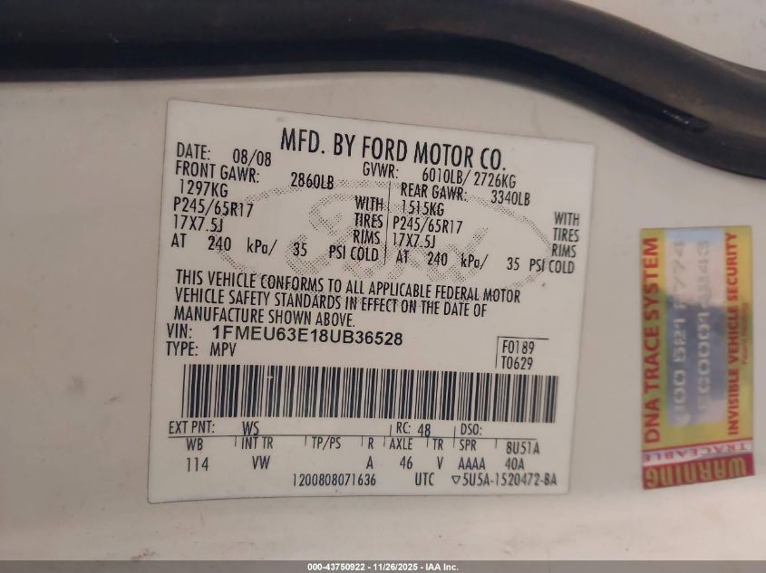 2008 Ford Explorer Xlt VIN: 1FMEU63E18UB36528 Lot: 43750922